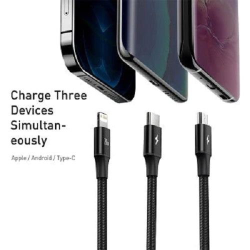 Pisen Braided 3-in-1 USB-A to Lightning + USB-C + Micro-USB Cable (1.5M) - Black image 1