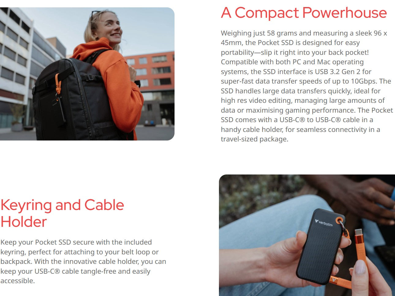 Verbatim 1TB Pocket SSD USB 3.2 Gen 2 1TB Black Orange Convenient Keyring cable image 1