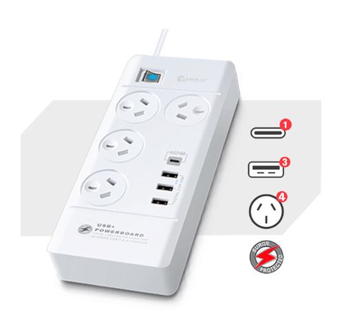 Sansai 4 Outlet 3xUSB-A & 1xUSB-C Powerboard Master On/Off switch Surge and over image 0