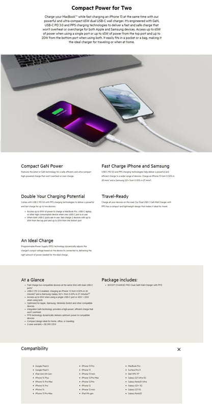 Belkin BoostCharge Pro Dual USB-C GaN Wall/Laptop Charger with PPS 65W - White(W image 3