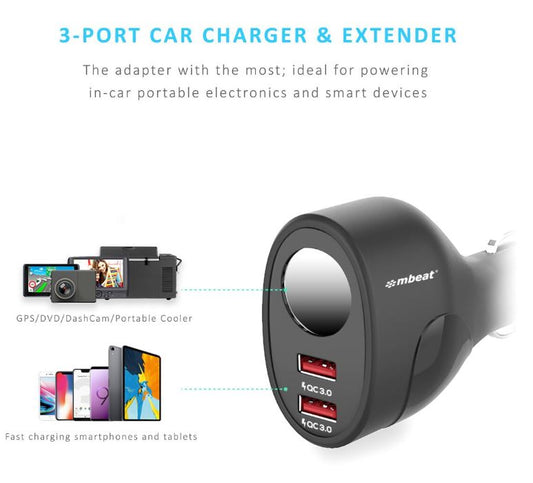 mbeat®  Gorilla Power Dual Port QC3.0 Car Charger and Cigarette Lighter Extende image 1