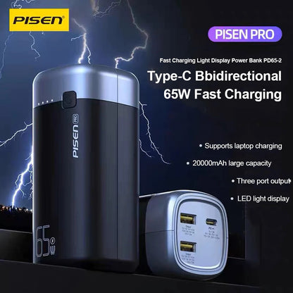 Pisen PRO Triple Port 20k mAh (65W) Laptop Power Bank - Black, 2x USB-A & 1x USB image 1