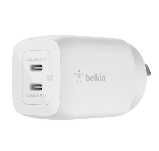 Belkin BoostCharge Pro Dual USB-C GaN Wall/Laptop Charger with PPS 65W - White(W image 1