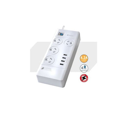 Sansai 4 Outlets & 4 USB Outlets Surge Protected Powerboard Master On/Off switch image 0