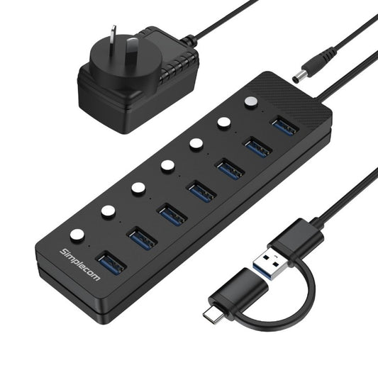 Simplecom CH375C USB-A and USB-C to 7-Port USB 3.0 Hub 5Gbps Individual Switches image 0