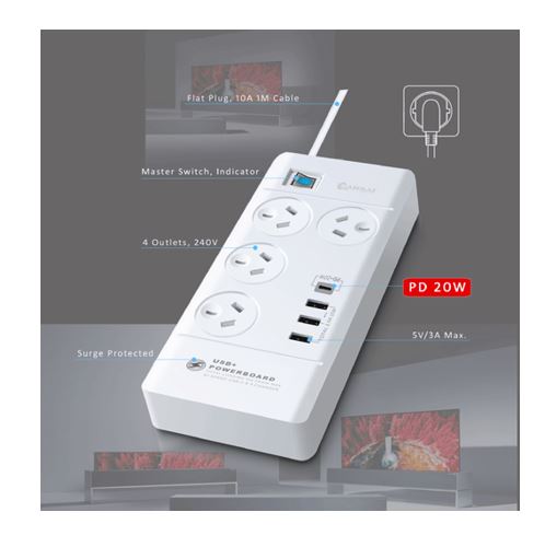 Sansai 4 Outlet 3xUSB-A & 1xUSB-C Powerboard Master On/Off switch Surge and over image 1