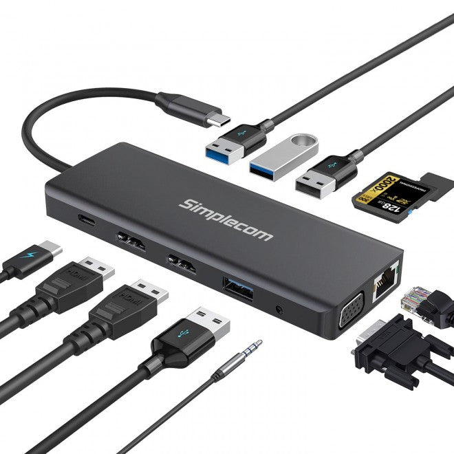 Simplecom CHN612 USB-C 12-in-1 Multiport Docking Station Dual HDMI + VGA Triple image 1