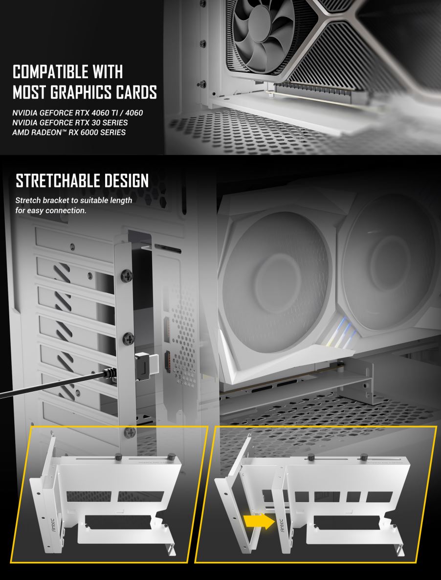 Antec Adjustable Vertical PCI Bracket withPCI-E 4.0 Cable Kit White (200mm) x 16 Speed, Gold Plated RTX 40xx and 5070 and AMD 6000 series(LS)