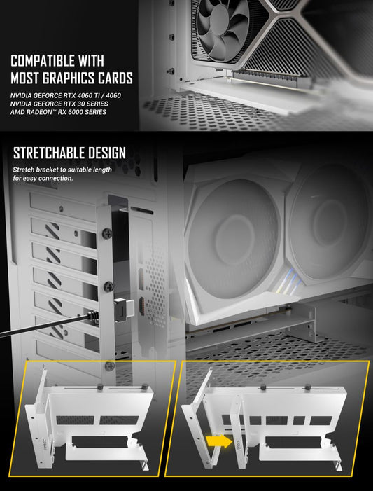 Antec Adjustable Vertical PCI Bracket withPCI-E 4.0 Cable Kit White (200mm) x 16 Speed, Gold Plated RTX 40xx and 5070 and AMD 6000 series(LS)