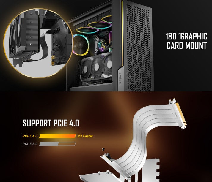 Antec Adjustable Vertical Bracket with 200mm High Performance PCI-E Riser Cable. New 2024. White Universal Case support(LS)