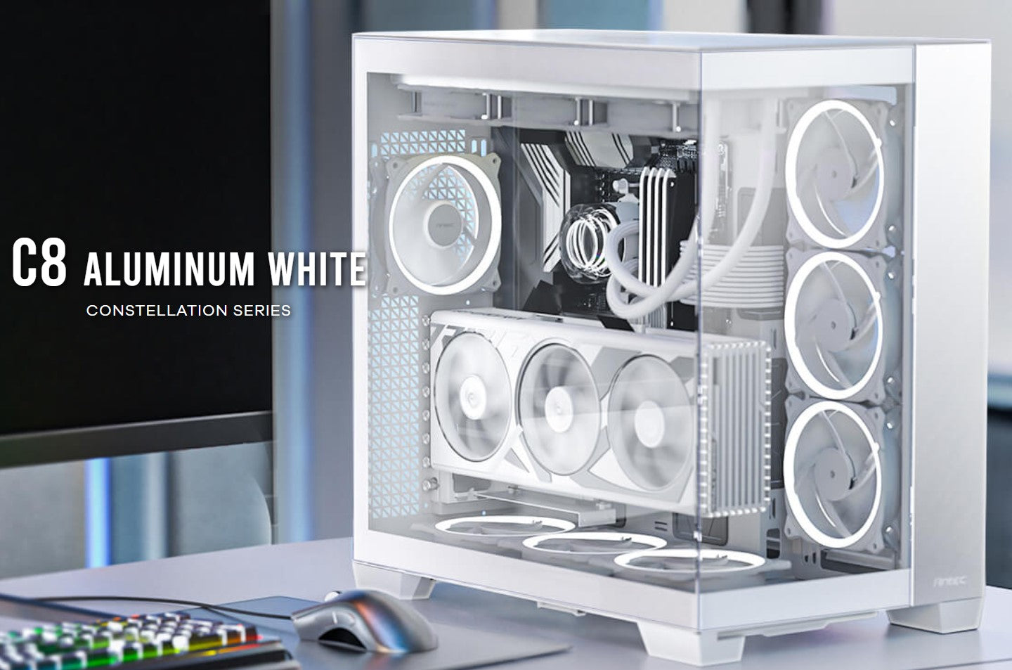 Antec C8 Aluminum White E-ATX Seamless Edge View Front and Side, USB-C, 4mm Temp