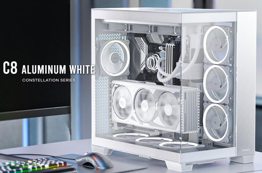 Antec C8 Aluminum White E-ATX Seamless Edge View Front and Side, USB-C, 4mm Temp