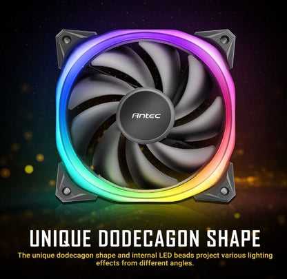 Antec Fusion 3x 120mm ARGB PWM HB Fan + ARGB Controller, 57.93 CFM, AP 2.11, Noise Level 31.21. Woven Cable, PMW Daisy Chain design, 3 Yrs Wty(LS)