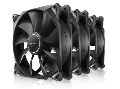 Antec Storm 120mm PWM FDB Fan 3 Pack, High Airflow 66.56 CFM, Air Pressure 2.7, Noise Level 25.8. Woven Cable, PMW Daisy Chain design, 3 Yrs Wty (LS