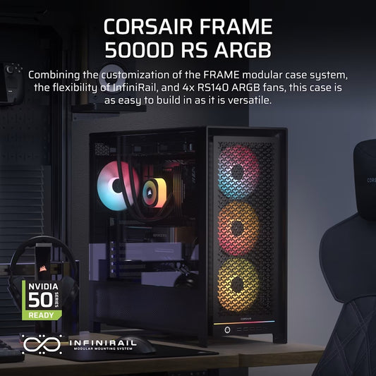 Corsair FRAME 5000D RS ARGB High-Airflow Mid-Tower PC Case - Black, ATX, 450mm GPU, 175mm CPU cooler, 360mm rad, 4x RS140 ARGB, 1x USB-C 3.2