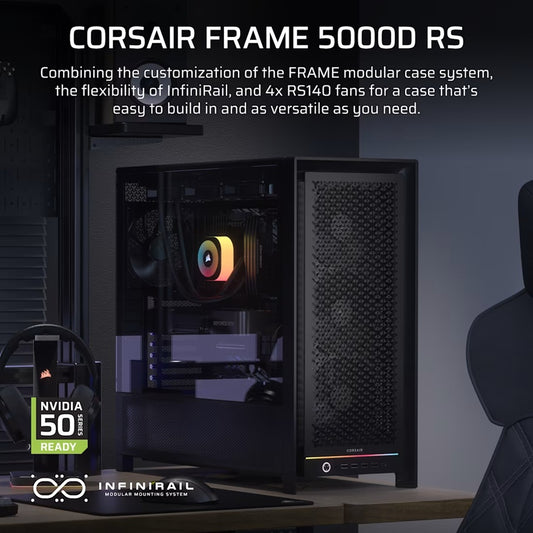 Corsair FRAME 5000D RS HIGH-AIRFLOW MID-TOWER PC CASE - BLACK, ATX, 450mm GPU, 175mm CPU cooler, 360mm rad, 4x RS140, 1x USB-C 3.2 Gen2