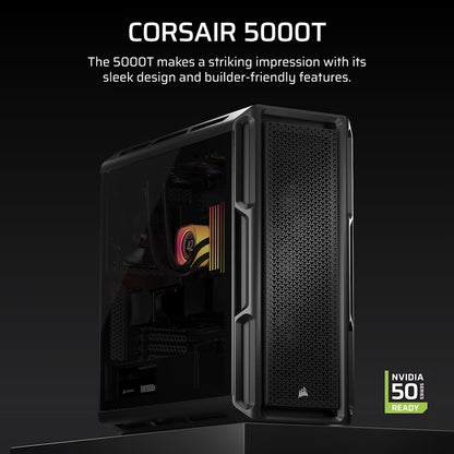 Corsair 5000T Mid-Tower High-Performance PC Case - Black, ATX, 450mm GPU, 250mm PSU, 170mm CPU cooler, 360mm rad, 1x USB-C 3.2 Gen2