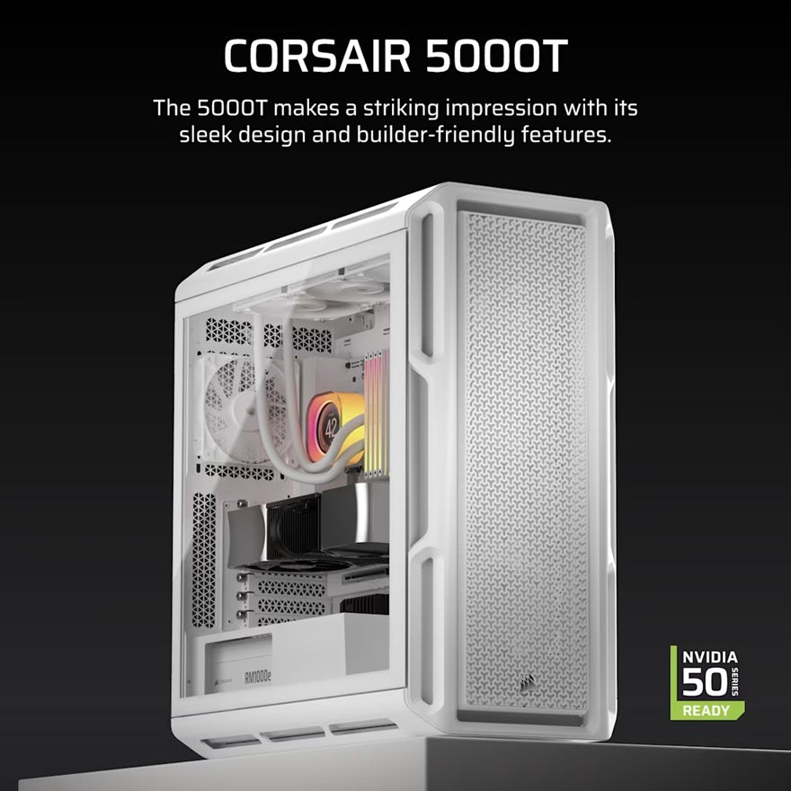 Corsair 5000T Mid-Tower High-Performance PC Case - White, ATX, 450mm GPU, 250mm PSU, 170mm CPU cooler, 360mm rad, 1x USB-C 3.2 Gen 2