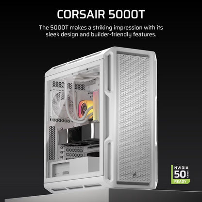 Corsair 5000T Mid-Tower High-Performance PC Case - White, ATX, 450mm GPU, 250mm PSU, 170mm CPU cooler, 360mm rad, 1x USB-C 3.2 Gen 2