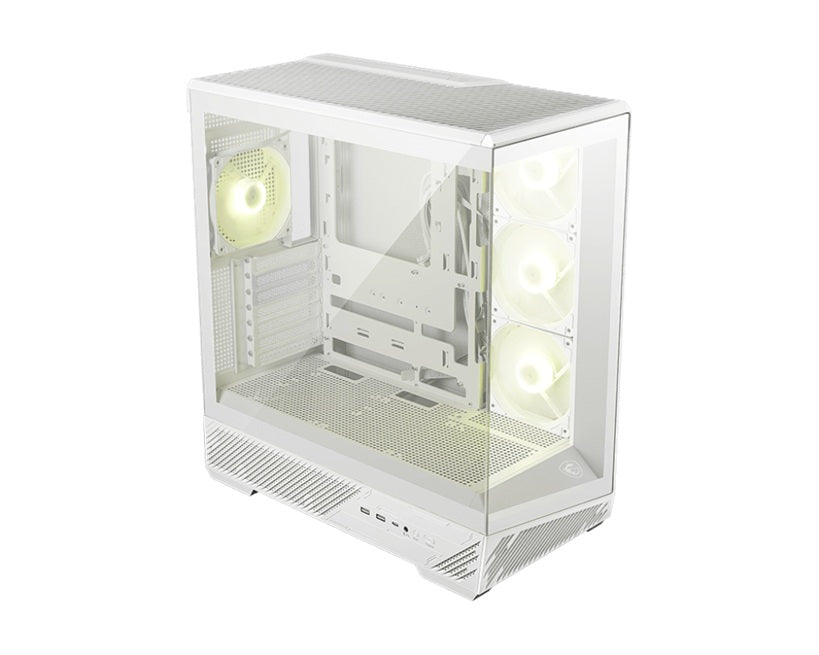 MSI MAG PANO 130R PZ -WHITE â€“ ATX/mATX/ITX, 400mm GPU, 165mm CPU, 7 slots, 6Ã—120mm, 360 rad top/side, 2Ã—USB-A, 1Ã—USB-C 20Gbps, 460Ã—232Ã—490mm, 8.37kg