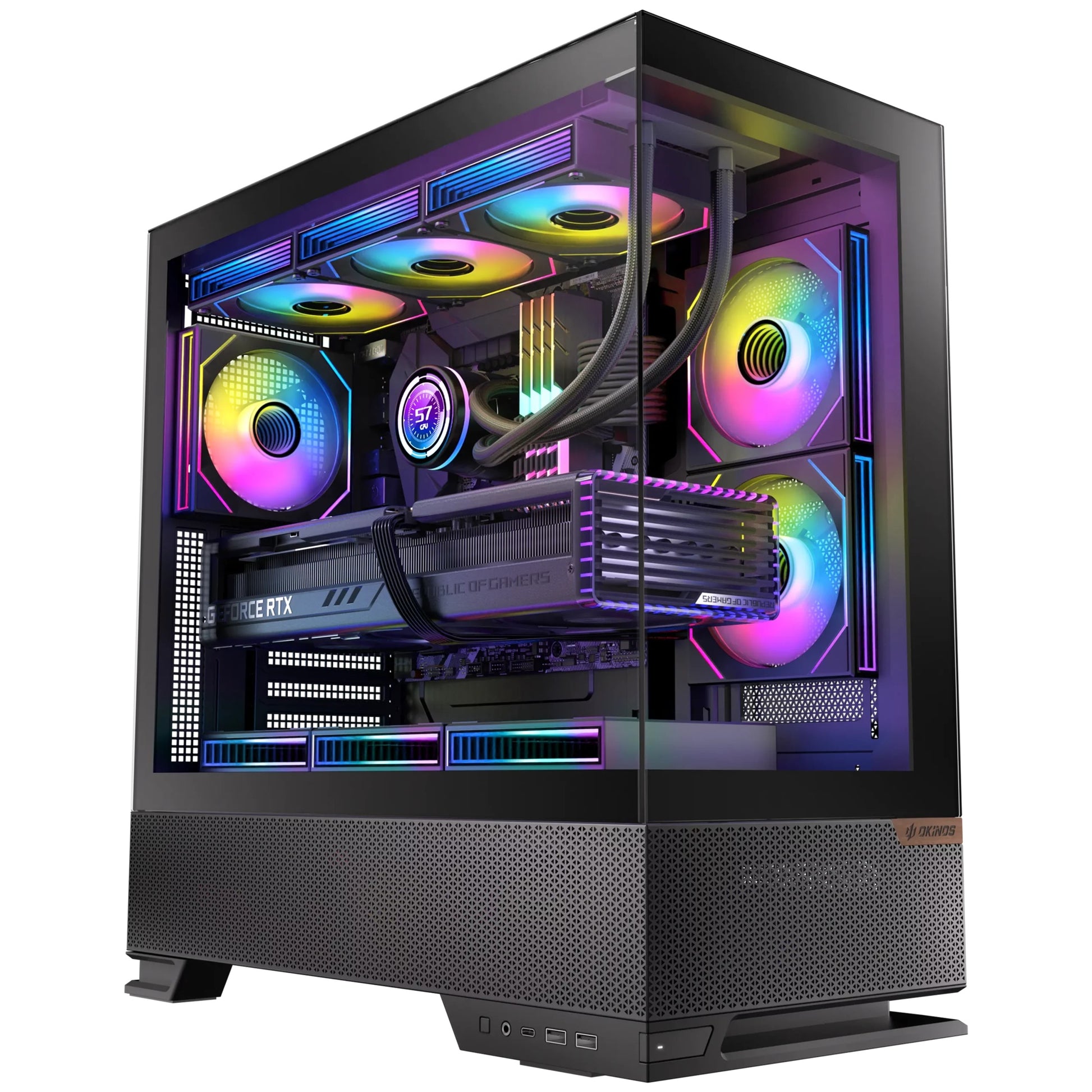 OKINOS Aqua 6 Infinity - Black, Mid Tower, ATX/Micro-ATX/ITX, 270° TG, USB-C 10Gbps, 3× ARGB PWM Fans, 360mm Rad, 435mm GPU