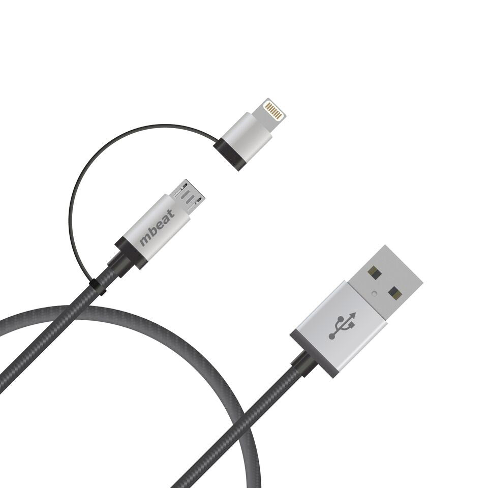 (LS) mbeat® 1m Lightning and Micro USB Data Cable - 2-in-1/Aluminmum Shell Crush-Proof/Nylon Braided/Silver/ Apple/Andriod Tablet Mobile Device