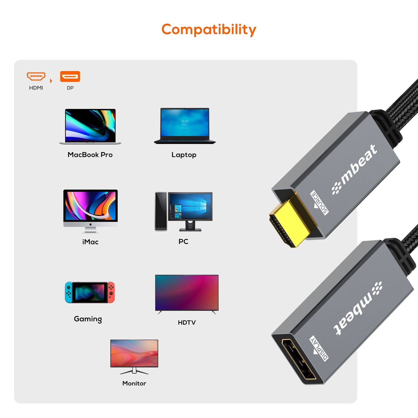mbeat Tough Link HDMI to DisplayPort Adapter with USB Power  Seamless Signal Tra