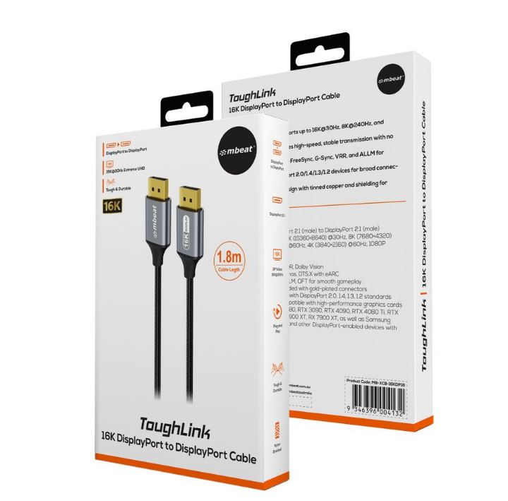 mbeat Tough Link 1.8m 16K DP to DP Cable - Space Grey 40Gbps 180cm × 2.2cm × 1