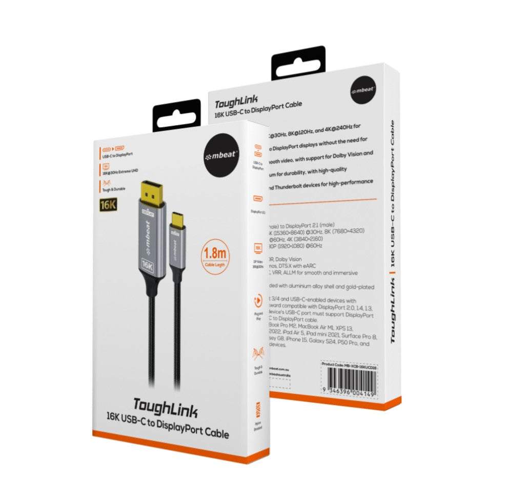 mbeat Tough Link 1.8m 16K USB-C to DP Cable - Space Grey 40Gbps USB-C (male) to