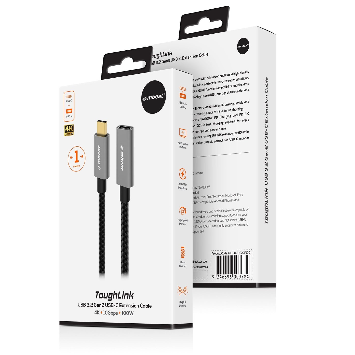 mbeat Tough Link 1m USB 3.2 Gen2 USB-C Extension Cable - Space Grey Video Resolu
