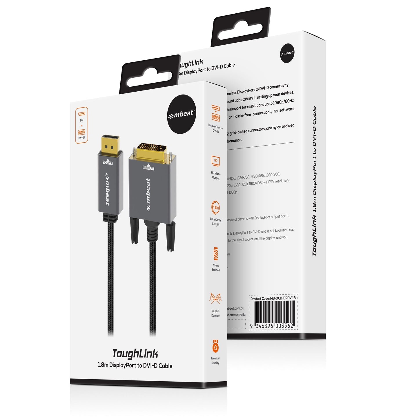 mbeat Tough Link 1.8m DisplayPort to DVI-D Cable Effortless plug and play Resolu