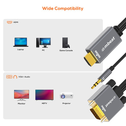 mbeat Tough Link 1.8m HDMI to VGA Cable with USB Power & 3.5mm Audio Up to 1080p