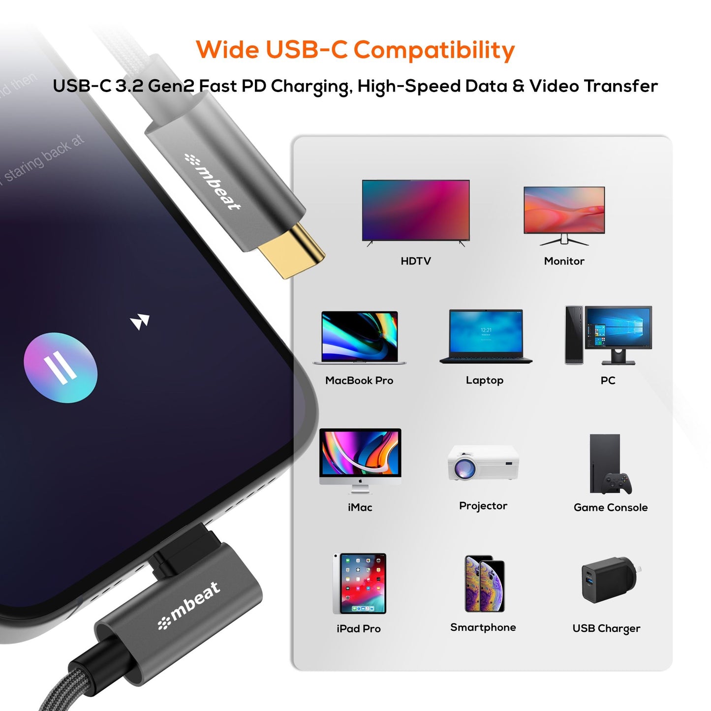 mbeat Tough Link 1.8m L-Shape USB 3.2 Gen2 USB-C Cable - Space Grey Data Transfe