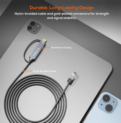 mbeat Tough Link 3m USB & USB-C to RJ45 Ethernet Cable - Space Grey