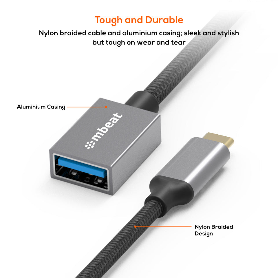 mbeat 'Tough Link' USB-C to USB 3.0 Adapter with Cable - Space Grey