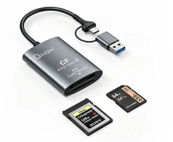 Oxhorn USB 3.2 Gen 2 10Gbps CF Express B and SD Card-reader Aluminum USB-C 3.2 USB-A 3.2 lightweight Plug-and-play Silver