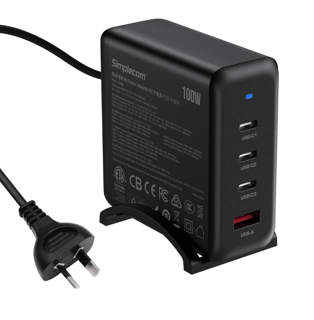 Simplecom CU400 4-Port PD 100W GaN Fast Charger 3xUSB-C + USB-A for Phone Tablet