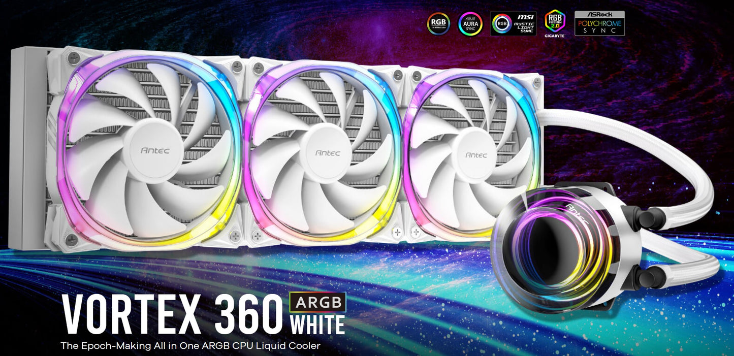 Antec VORTEX 360mm ARGB Whte Liquid CPU Cooler ARGB Controller, EPDM High-Density Tubing, LGA 115x, 1200, 1700, 20xx, AM3, AM4 AM5,TR4 3 Yrs Wty (LS)
