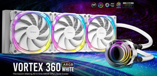 Antec VORTEX 360mm ARGB Whte Liquid CPU Cooler ARGB Controller, EPDM High-Density Tubing, LGA 115x, 1200, 1700, 20xx, AM3, AM4 AM5,TR4 3 Yrs Wty (LS)