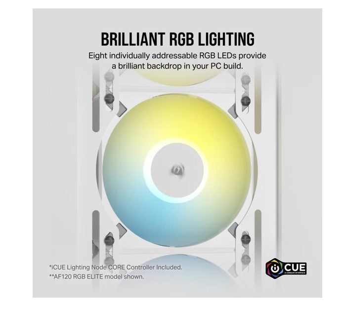 Corsair AF SLIM Series, AF120 RGB SLIM WHITE, 120mmx15mm Fluid Dynamic Bearing RGB PWM Fan, Dual Pack with Lighting Node CORE