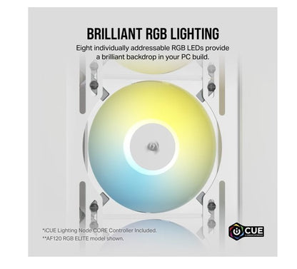 Corsair AF SLIM Series, AF120 RGB SLIM WHITE, 120mmx15mm Fluid Dynamic Bearing RGB PWM Fan, Dual Pack with Lighting Node CORE