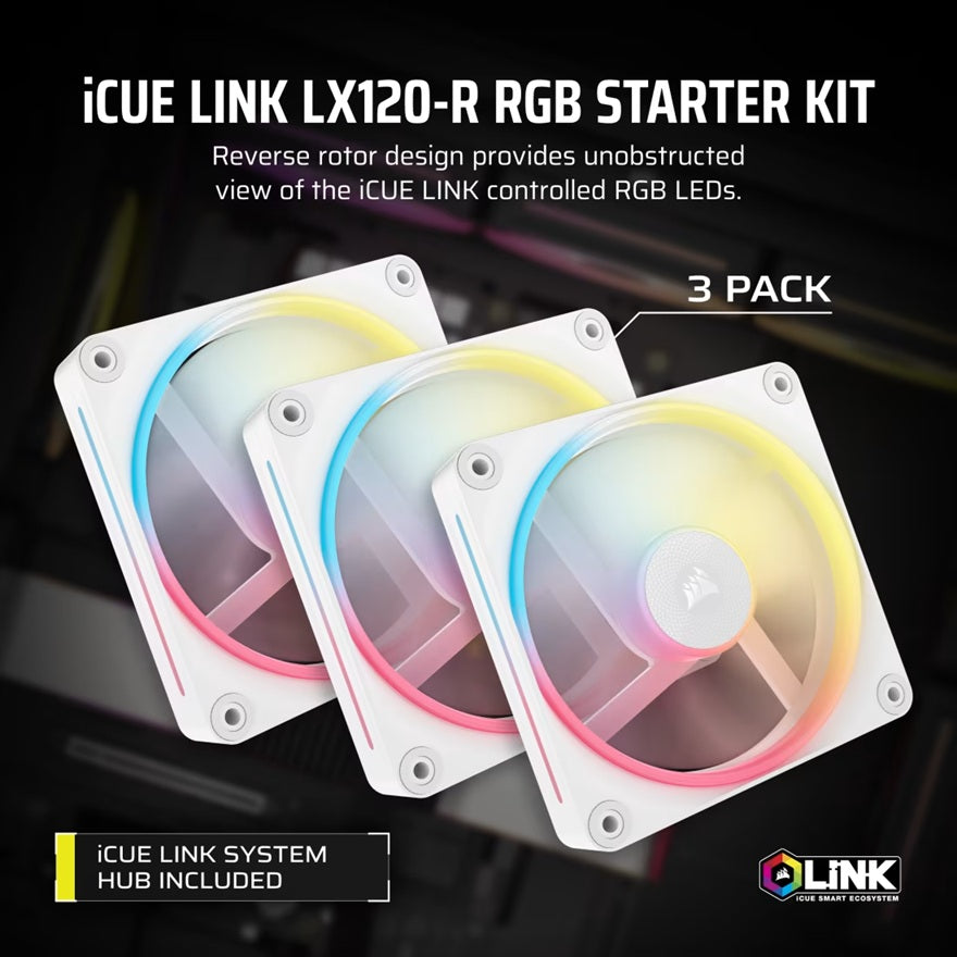 Corsair iCUE LINK LX120-R RGB 120mm PWM Reverse Fans Starter Kit Triple Pack - White: 66.7CFM, 2400RPM, 37.7dBA, 0.4A, Static Pressure, Magnetic Dome