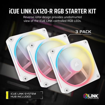 Corsair iCUE LINK LX120-R RGB 120mm PWM Reverse Fans Starter Kit Triple Pack - White: 66.7CFM, 2400RPM, 37.7dBA, 0.4A, Static Pressure, Magnetic Dome