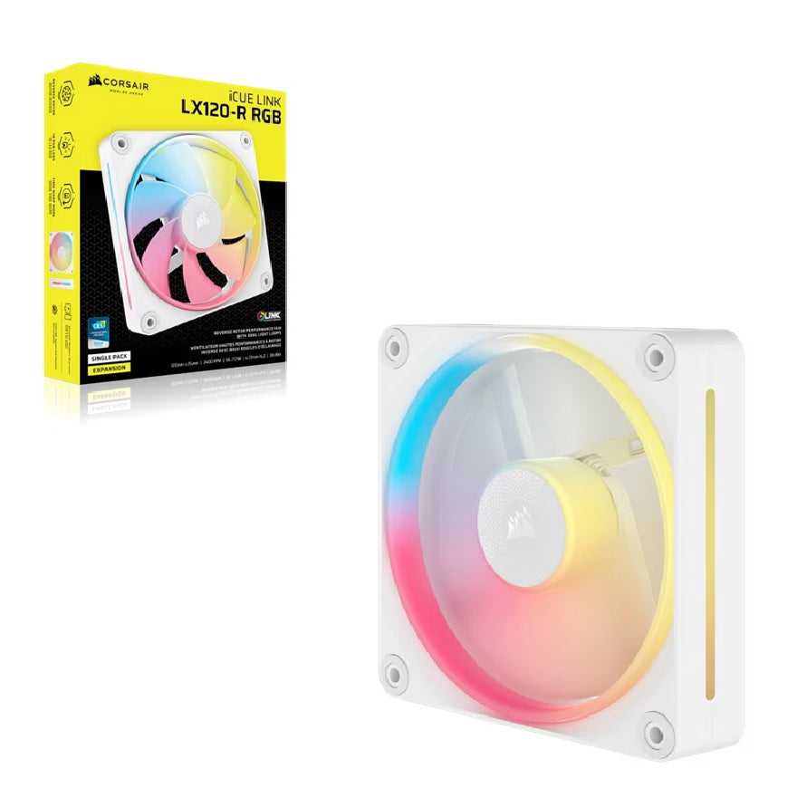 Corsair iCUE LINK LX120â€‘R RGB 120â€¯mm PWM Reverse Fan Expansion Single Pack â€“ White: 66.7â€¯CFM, 2400â€¯RPM, 37.7â€¯dBA, 0.4â€¯A,Static Pressure, Magnetic Dome