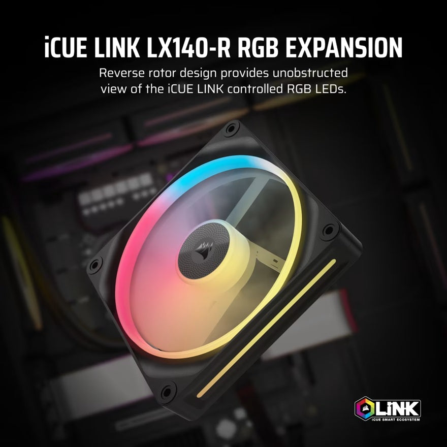 Corsair iCUE LINK LX140-R RGB 140mm PWM Reverse Fan Expansion Single Pack - Black: 90.6 CFM, 2000 RPM, 38.3 dBA, 0.45A, Static Pressure, Magnetic Dome