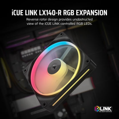 Corsair iCUE LINK LX140-R RGB 140mm PWM Reverse Fan Expansion Single Pack - Black: 90.6 CFM, 2000 RPM, 38.3 dBA, 0.45A, Static Pressure, Magnetic Dome