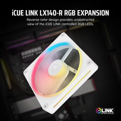 Corsair iCUE LINK LX140-R RGB 140mm PWM Reverse Fan Expansion Single Pack - White: 90.6 CFM, 2000 RPM, 38.3 dBA, 0.45A, Static Pressure, Magnetic Dome