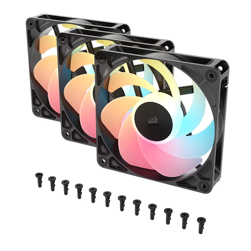 Corsair RS120-R ARGB 120mm PWM Reverse Fans Triple Pack - Black, 3x RGB Fans, 2100 RPM, 65.82 CFM, Static Pressure, Magnetic Dome Bearing, PWM Control