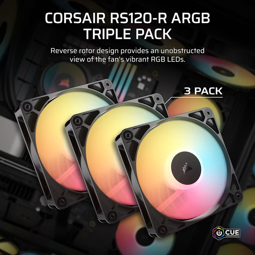 Corsair RS120-R ARGB 120mm PWM Reverse Fans Triple Pack - Black, 3x RGB Fans, 2100 RPM, 65.82 CFM, Static Pressure, Magnetic Dome Bearing, PWM Control