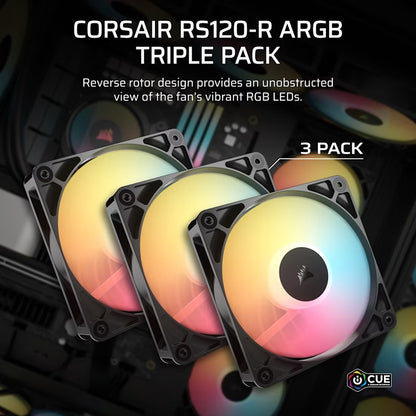Corsair RS120-R ARGB 120mm PWM Reverse Fans Triple Pack - Black, 3x RGB Fans, 2100 RPM, 65.82 CFM, Static Pressure, Magnetic Dome Bearing, PWM Control